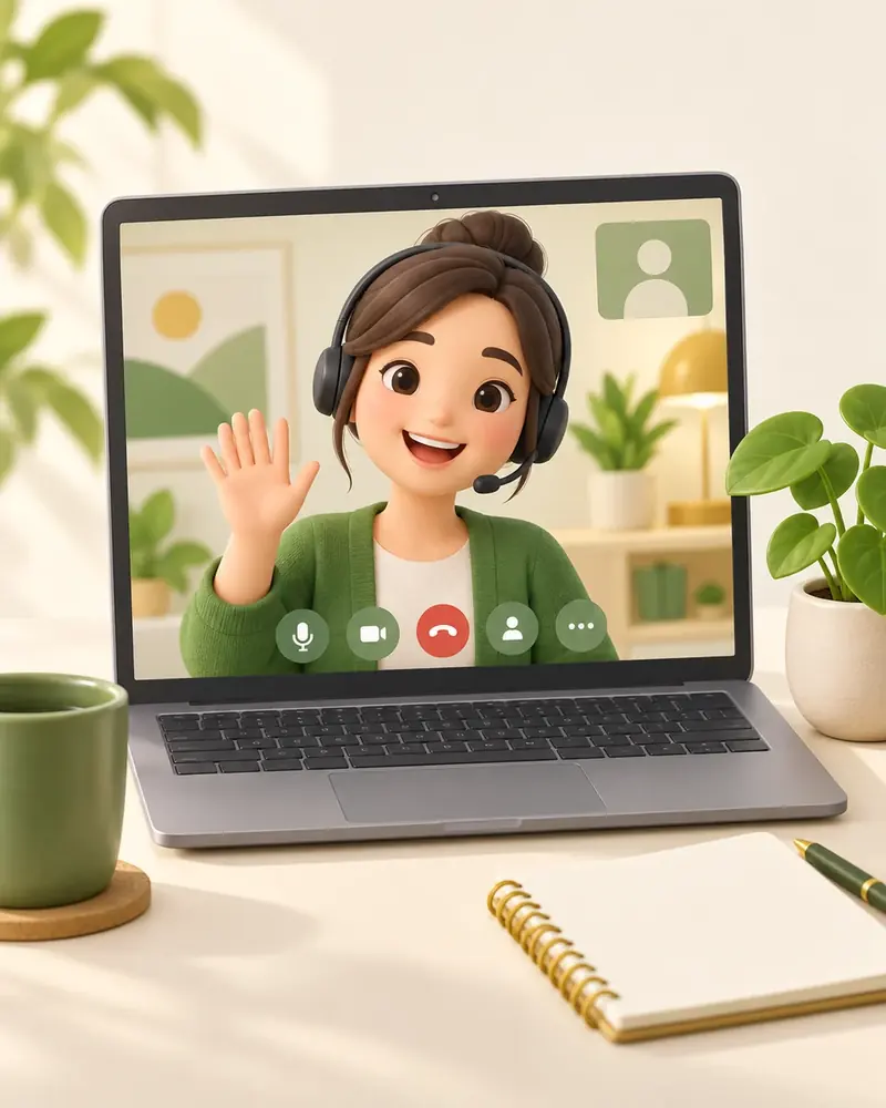 A friendly Web AZ helper waving on a video call