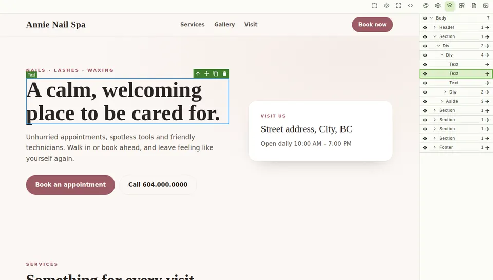 Web AZ builder, Pro level: the page with the layers panel