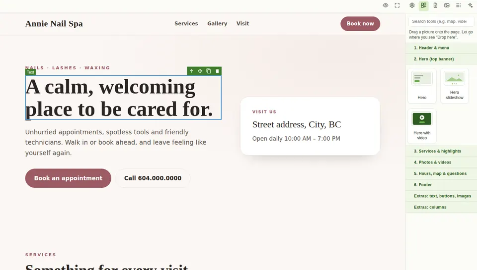 Web AZ builder, Simple level: the page with a toolbox of sections to drag in