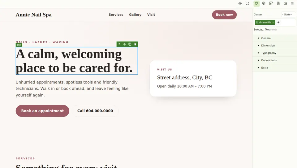 Web AZ builder, Standard level: the page with the style panel for sizes, colours and fonts