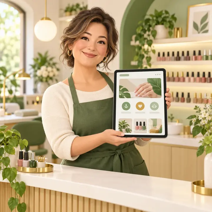 A smiling salon owner at her counter holding a tablet with her new website