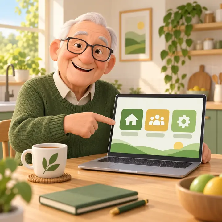 A happy retired man at his kitchen table pointing at big friendly buttons on a laptop