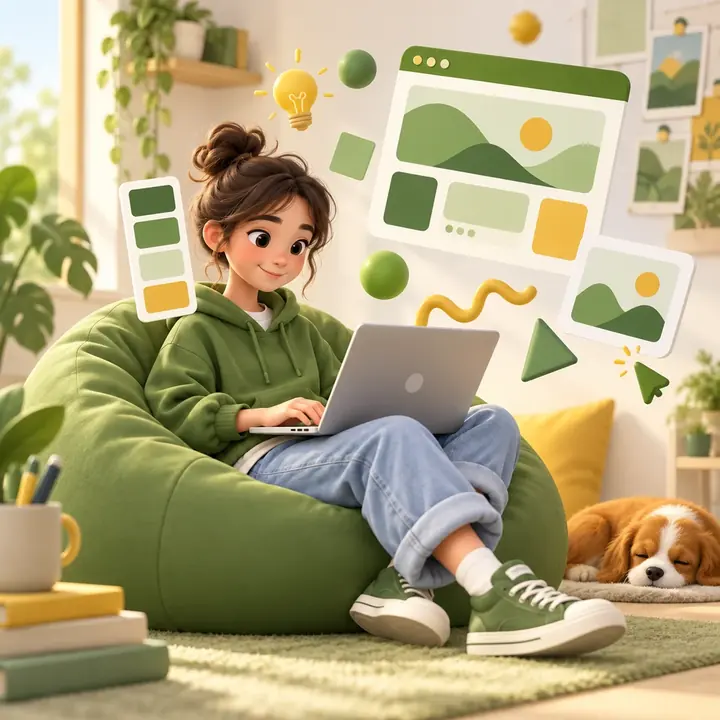 A young designer on a beanbag creating a colourful website on a laptop