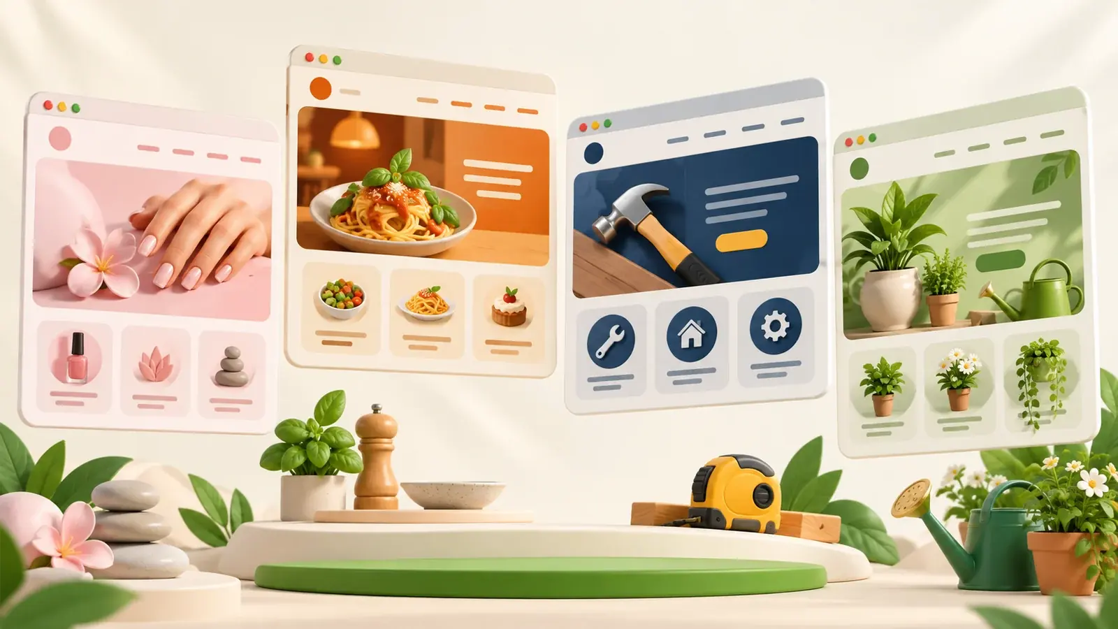 Four website templates: a pink nail salon, a warm restaurant, a navy trades company and a green garden shop